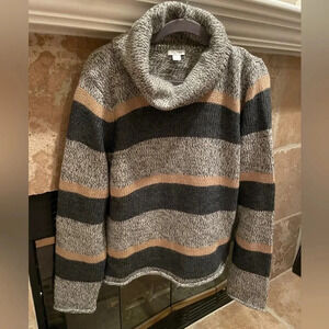 Garnet Hill Wool Alpaca boxy grey gold striped cowl turtleneck sweater
